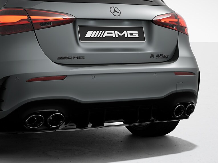 The tail end of the A-Class Hatchback from Mercedes-AMG with AMG Real Performance Sound.