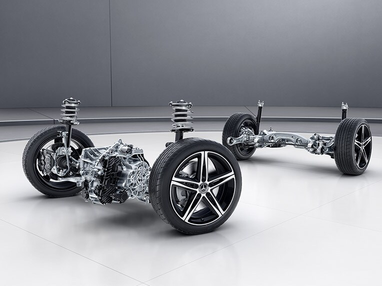 A technology motif of the A 45 S 4MATIC+ Hatchback from Mercedes-AMG (AMG RIDE CONTROL suspension).
