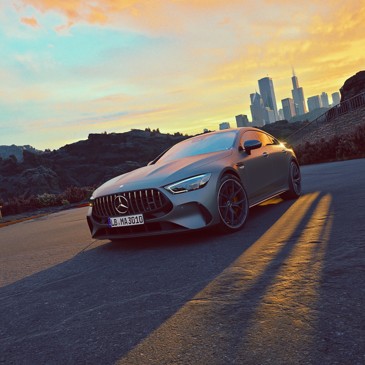 Side view of the exterior of the Mercedes-AMG GT 63 S E PERFORMANCE.