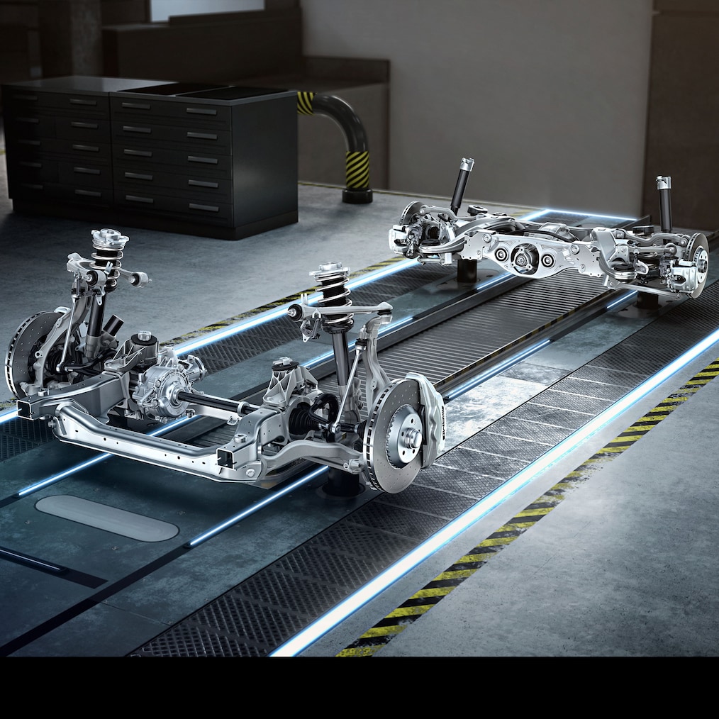 The chassis with drivetrain of the Mercedes-AMG C 43.