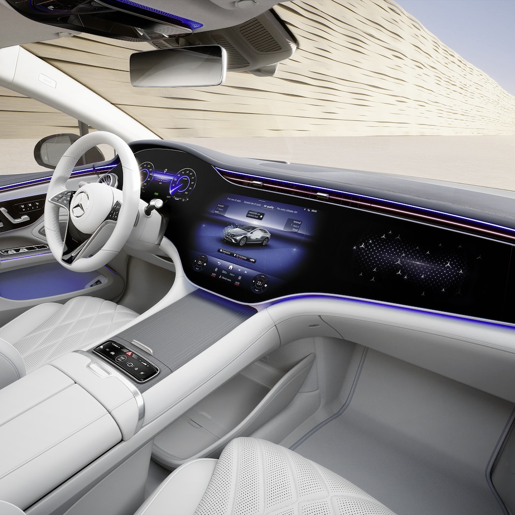 The interior with MBUX Hyperscreen in the EQS Saloon from Mercedes-Benz.