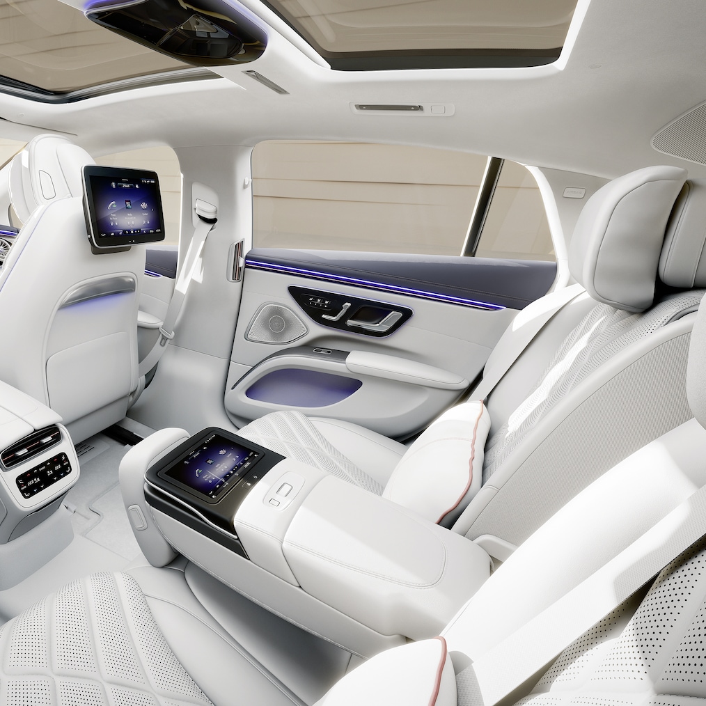The rear passenger compartment of the EQS Saloon from Mercedes-Benz.