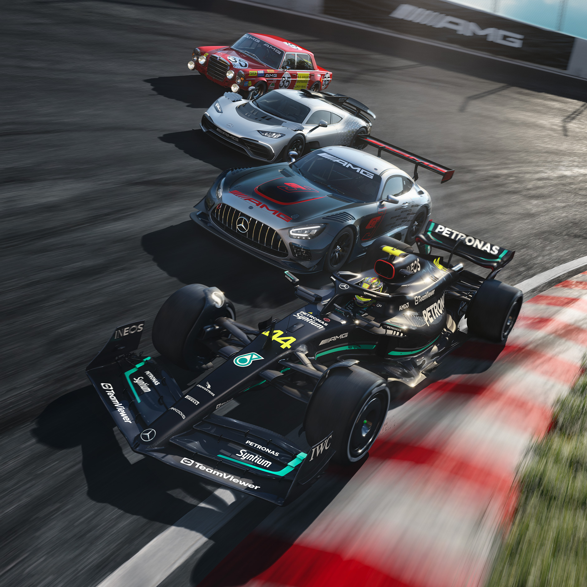 Driving dynamics | Our drive | Mercedes-AMG Several Mercedes-AMG sports cars on a race track.