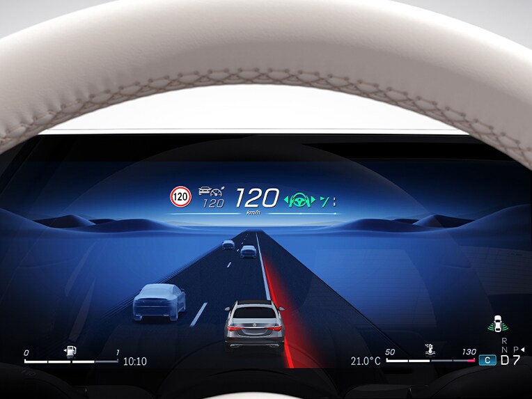 On-screen display of Active Lane Keeping Assist in the Mercedes-Benz S-Class Limousine.