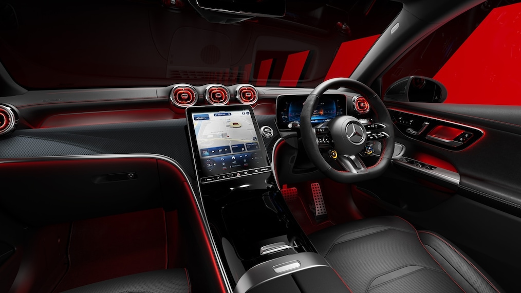 Close-up view of a AMG Performance steering wheel in a Mercedes-AMG GLC Coupé.