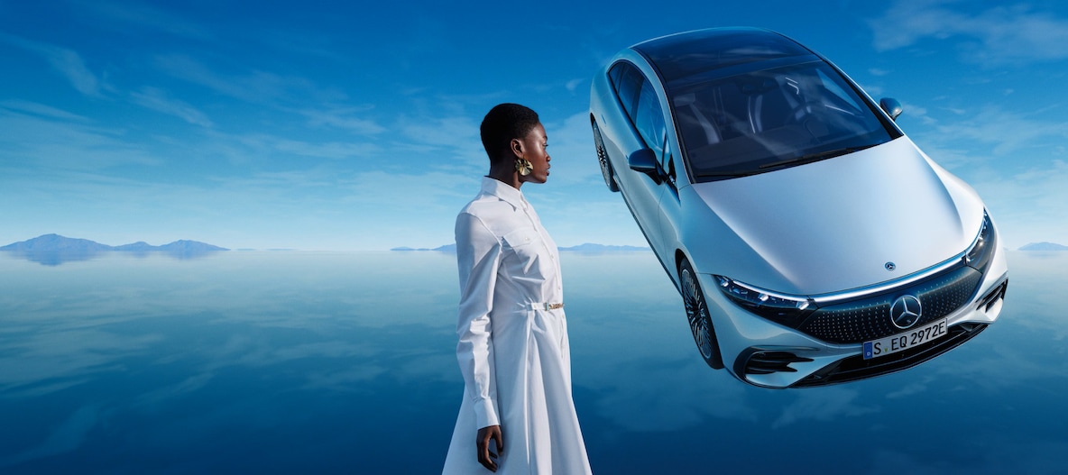 Frontal side view of the EQS Saloon from Mercedes-Benz.