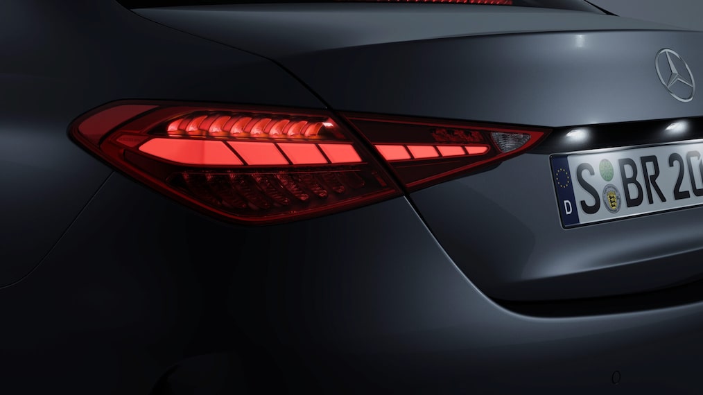 Close-up of a DIGITAL LIGHT headlight system of the Mercedes-Benz C-Class.