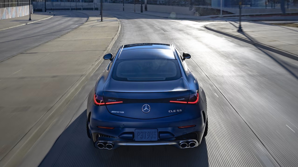 Frontal side view (or rear view) of the Mercedes-AMG CLE 53 4MATIC+ Coupé.
