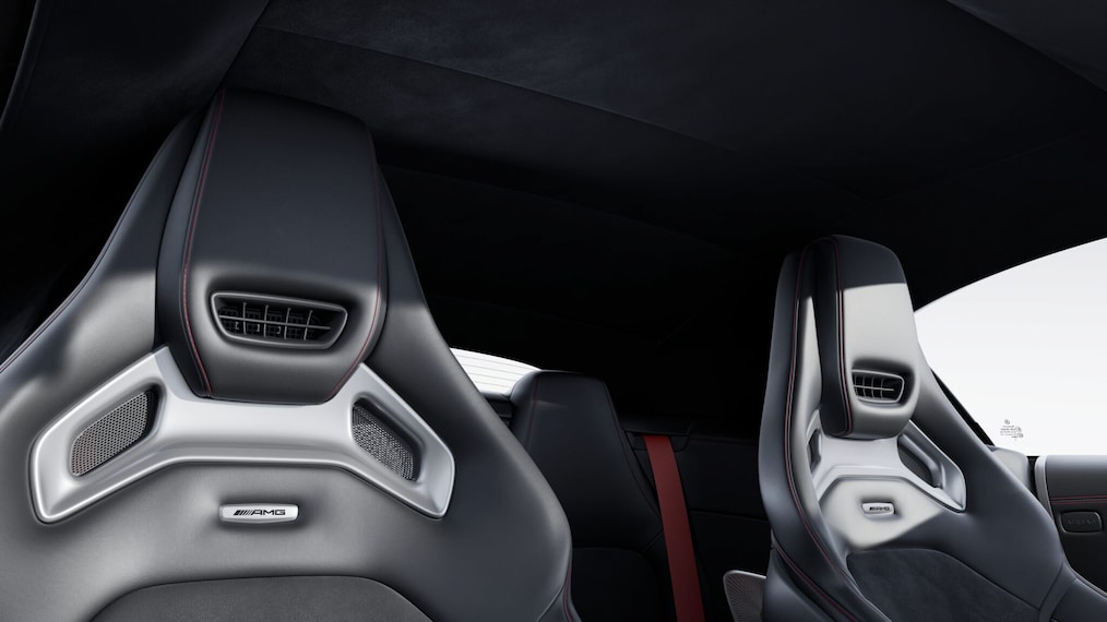 Mercedes-AMG SL Roadster with soft top down, seen from above or Illustration of AMG rear axle steering.