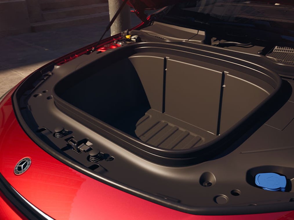 Frontal side view from a slightly elevated perspective because of the panoramic roof of the Mercedes-Benz CLA C174.