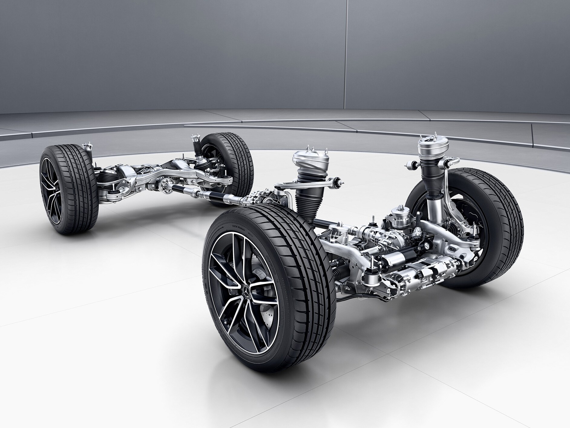 An illustration of how the E-ACTIVE BODY CONTROL suspension works in the Mercedes-Benz GLE.