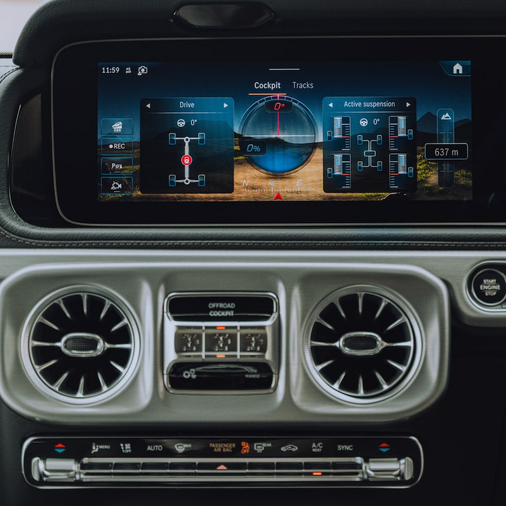 G 63 SUV cockpit display and controls.