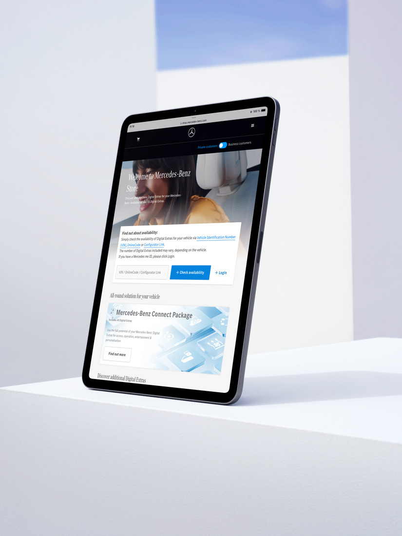 The recommended In-Car Office Digital Extra is displayed in the Mercedes me Store on a smartphone. The recommended In-Car Office Digital Extra is displayed in the Mercedes me Store on a smartphone.